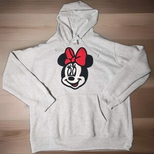 Disney Minnie Mouse Hoodie Womens XL Heather Grey Chenille Patch Pullover Hoodie